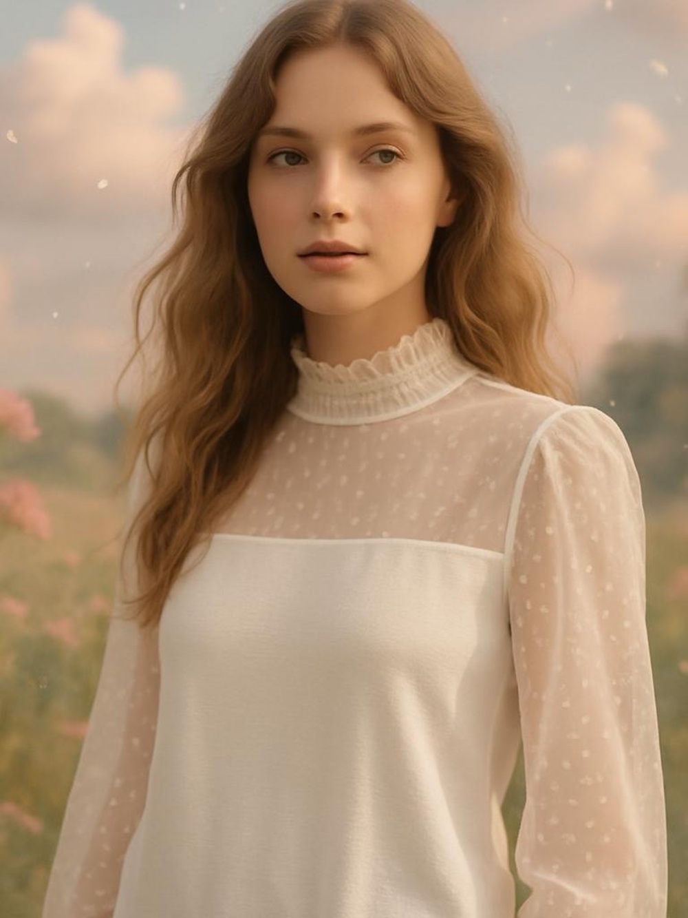 W5 Elegant White Swiss Dot Blouse with Sheer Sleeves -â Size L - Stylish look